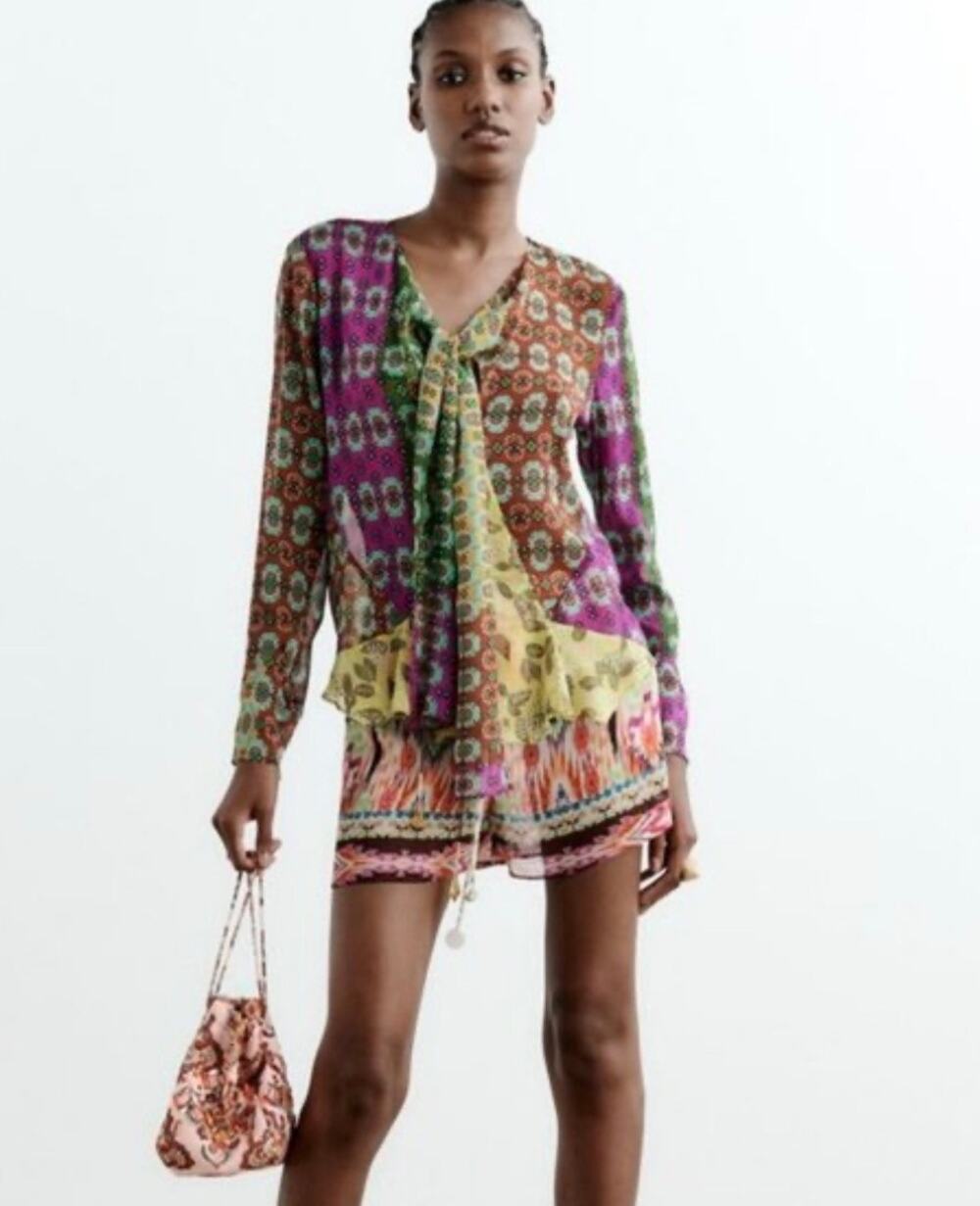 Zara Limited Edition Boho Colorful Patchwork Sheer Blouse Beaded Tassel- Medium